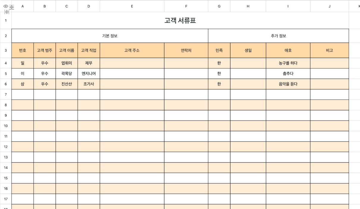 고객 프로필 정보표